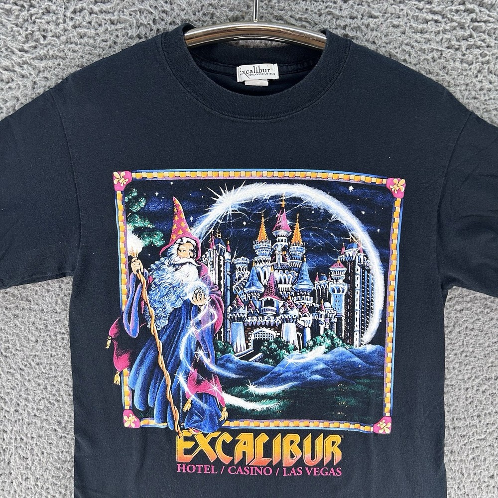 Vintage 90s Excalibur Casino Graphic Shirt Small Castle Wizard Las Vegas Retro