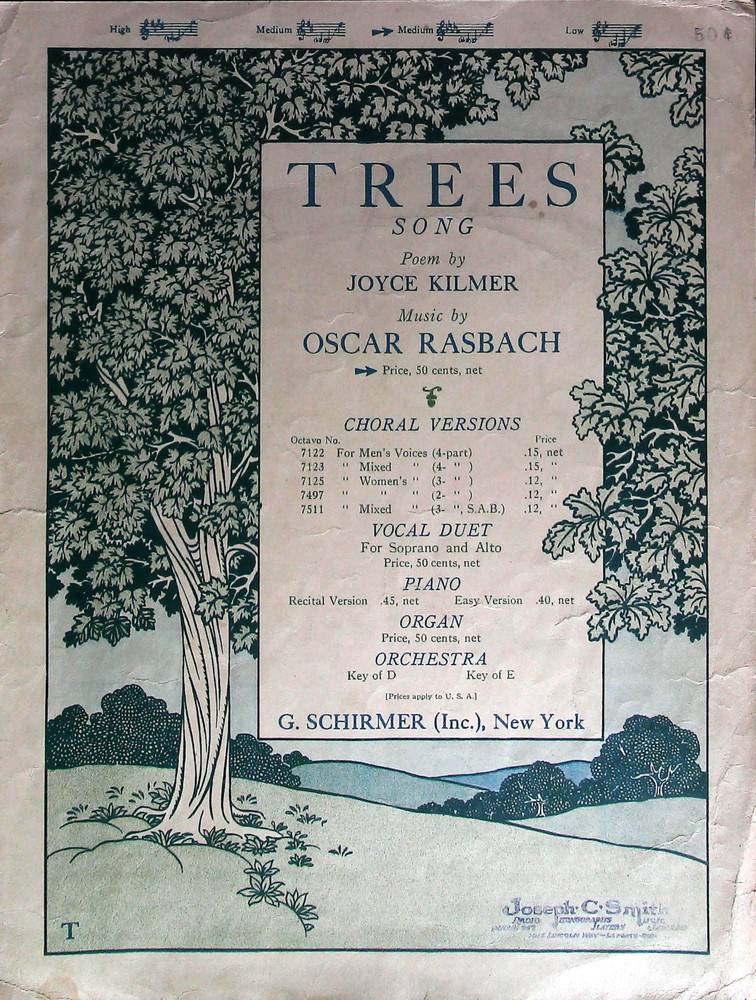 Trees Antique Sheet Music by Joyce Kilmer and Oscar Rasbach 1922