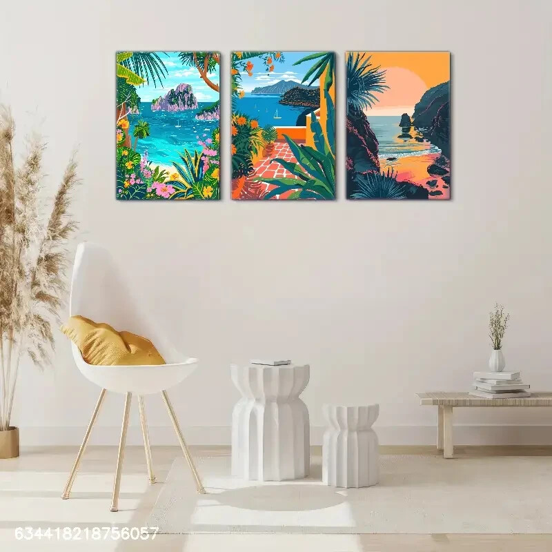 3pcs Tropical Palm Trees, Ocean Waves Metal Print Ready to Hang Art