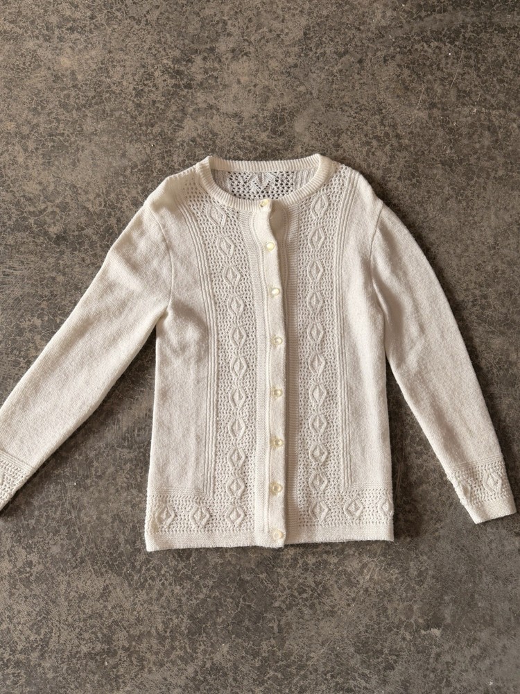 Vintage Ivory Cable-Knit Button Cardigan Sweater Juniors M Crew Neck Long Sleeve