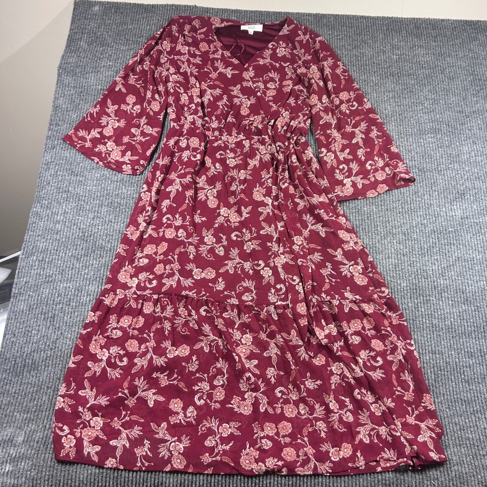 Lucky Brand Dress Womens M Maroon Floral Faux Wrap Midi Bell Sleeve Boho