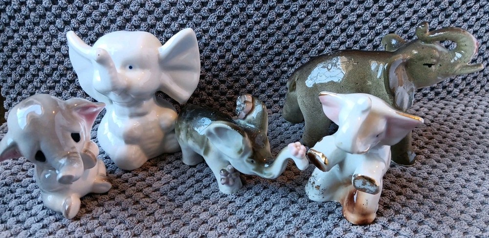 Lot of Five Vintage Small Elephant Figurines Trunk Up For Good Luck Collectible