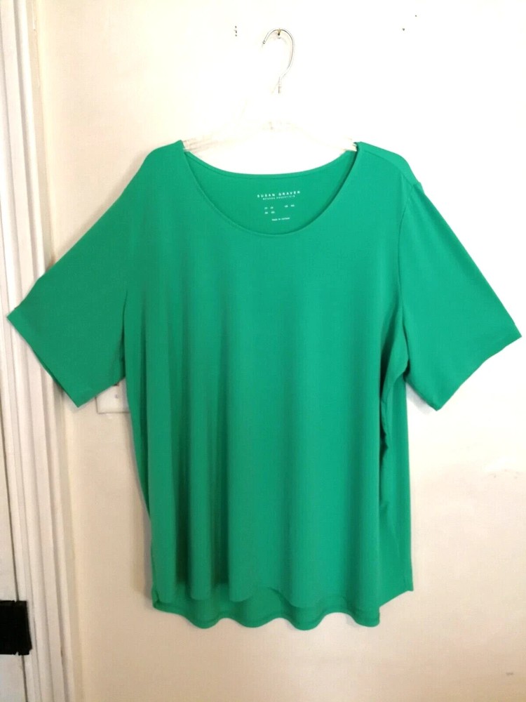 Susan Graver Womens Blouse 3X Plus Green Modern Essential Shirt Top Short Sleeve