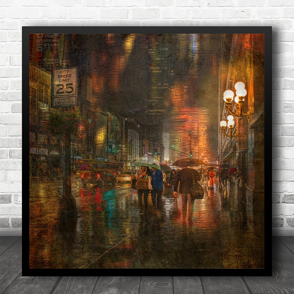 Rain Evening City Street Colourful Rainy Raining Double Exposure Square Print
