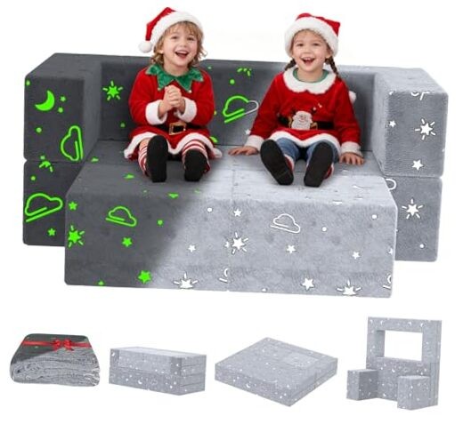 Kids Couch, 6PCS Modular Play Chair with Blanket, Kid 6pcs Cloud-glow-gray
