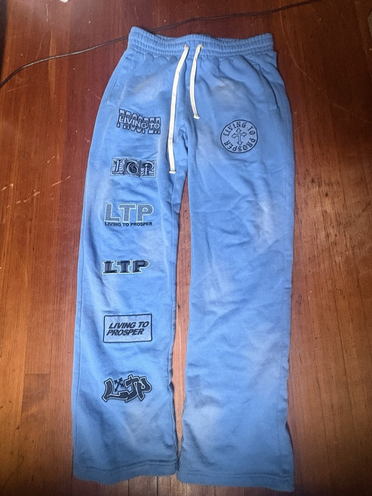 Men’s Blue Cotton Drawstring Sweatpants Living To Prosper Graphic Print Size L