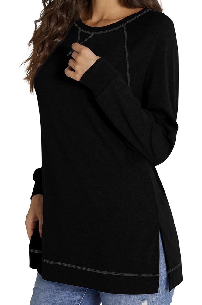 NILOUFO Womens Long Sleeve T Shirts Casual Blouses Trendy Tops Side Split Sz S