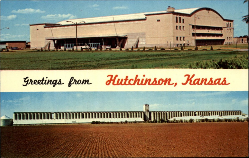 Greetings from Hutchinson Kansas ~ Sports Arena & grain elevator  1950s postcard