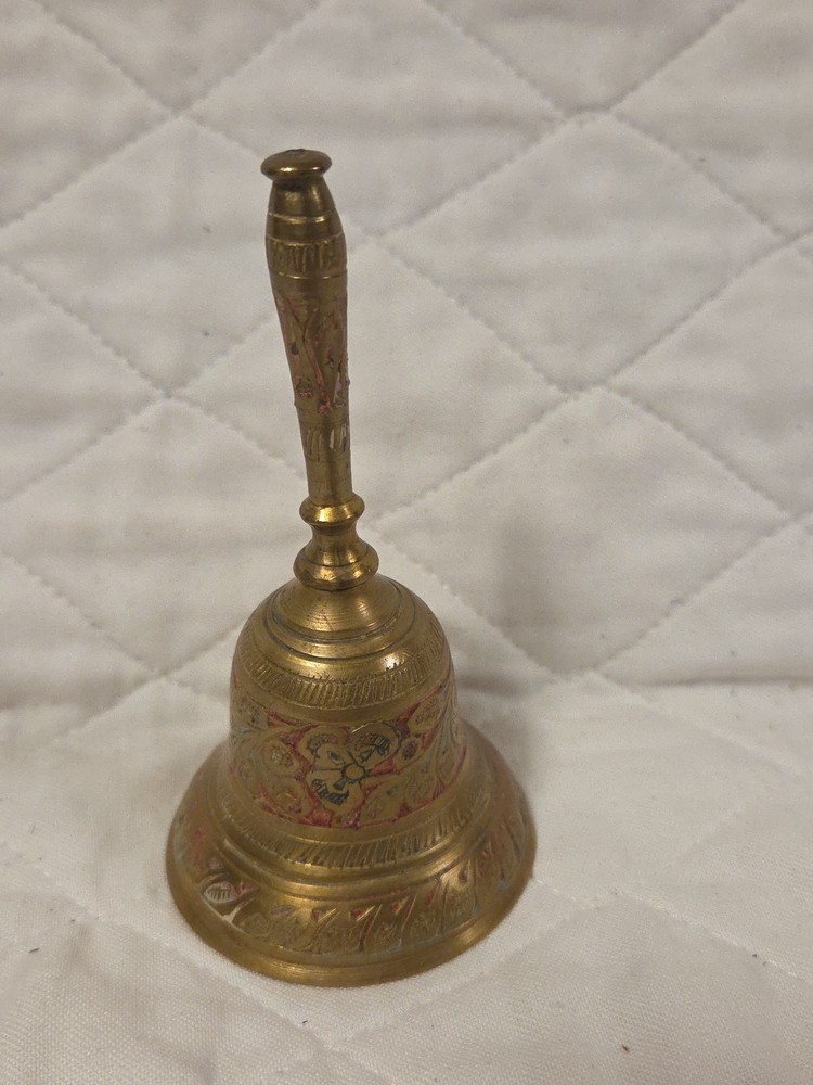 Vintage Solid Brass Etched Leaf Hanging Bell 4 Inches Tall Made in India