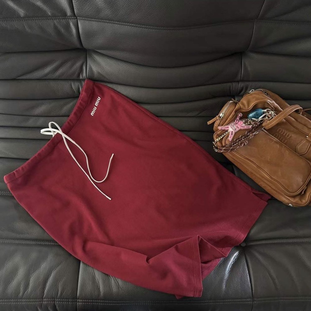 MIU MIU Burgundy Drawstring Knee Length Straight Skirt for Women Size S