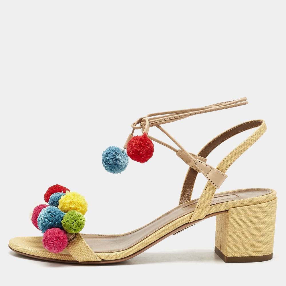 Aquazzura Multicolor Raffia Pom Pom Thong Ankle Tie Sandals Size 37
