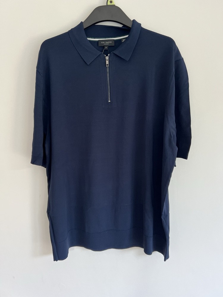 TED BAKER Mens Polo Shirt TB 7 UK 3XL Daldin Rayon Zip Polo Navy Short Sleeve