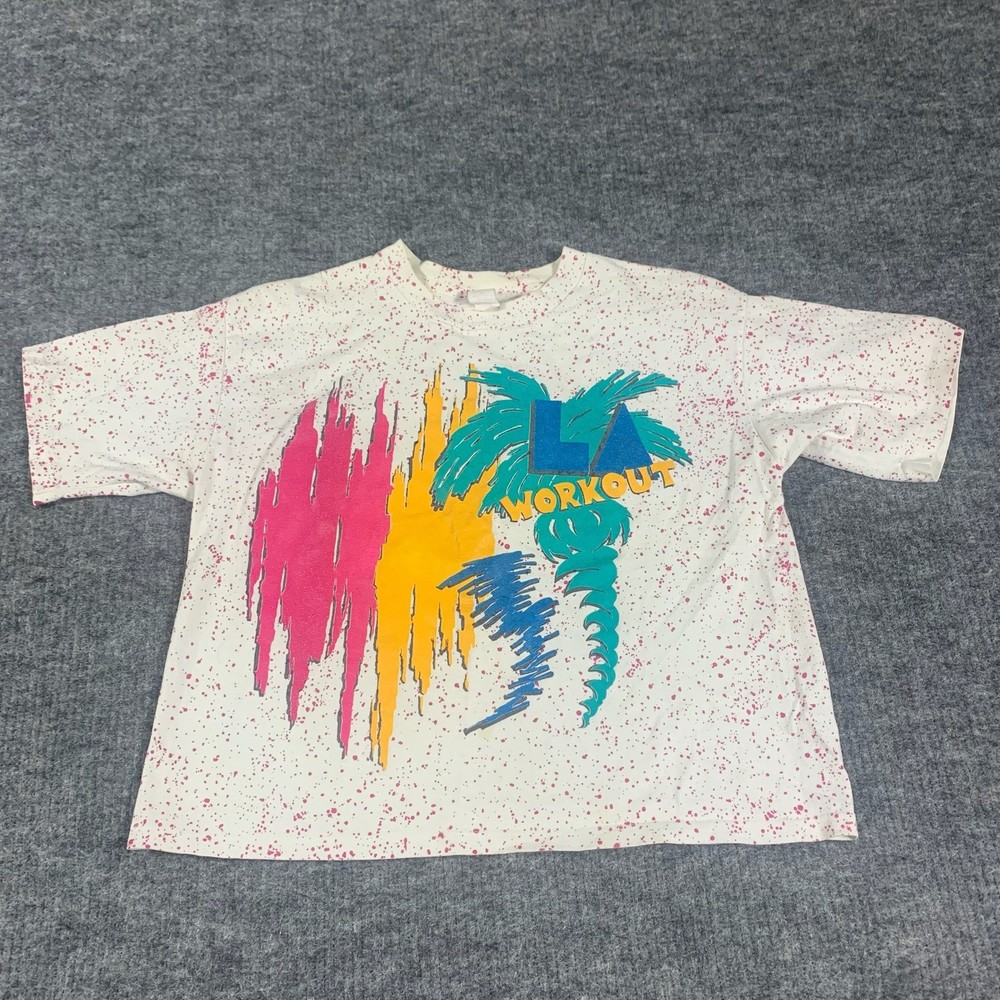 Vintage LA Workout T Shirt Womens L White Neon Cropped Splatter Graphic 80s Top