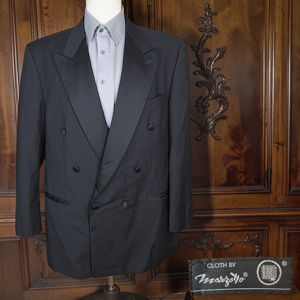 Franco Tassi Tuxedo Jacket Mens 46L Black Double Breasted Marzotto Wool