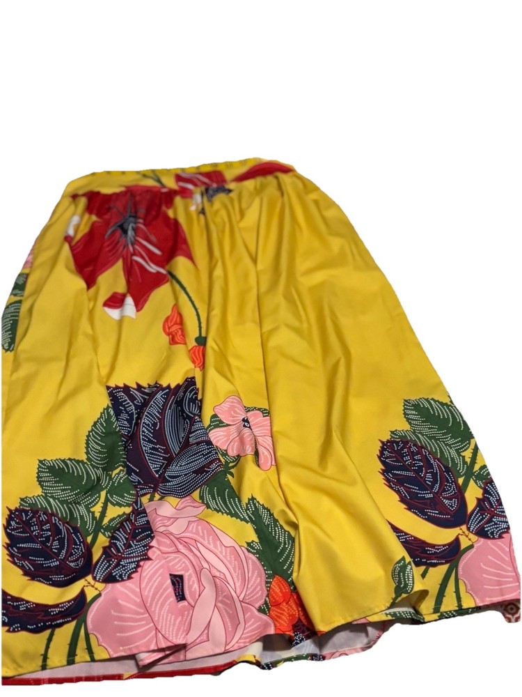 Women’s Tropical Yellow Bright Floral Full Length Skirt Elastic Waist Size XL