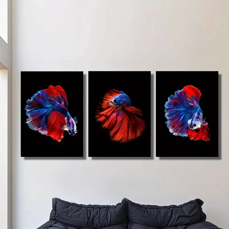3pcs Vibrant Blue & Red Siamese Fighting Fish Metal Print  Ready to Hang Art