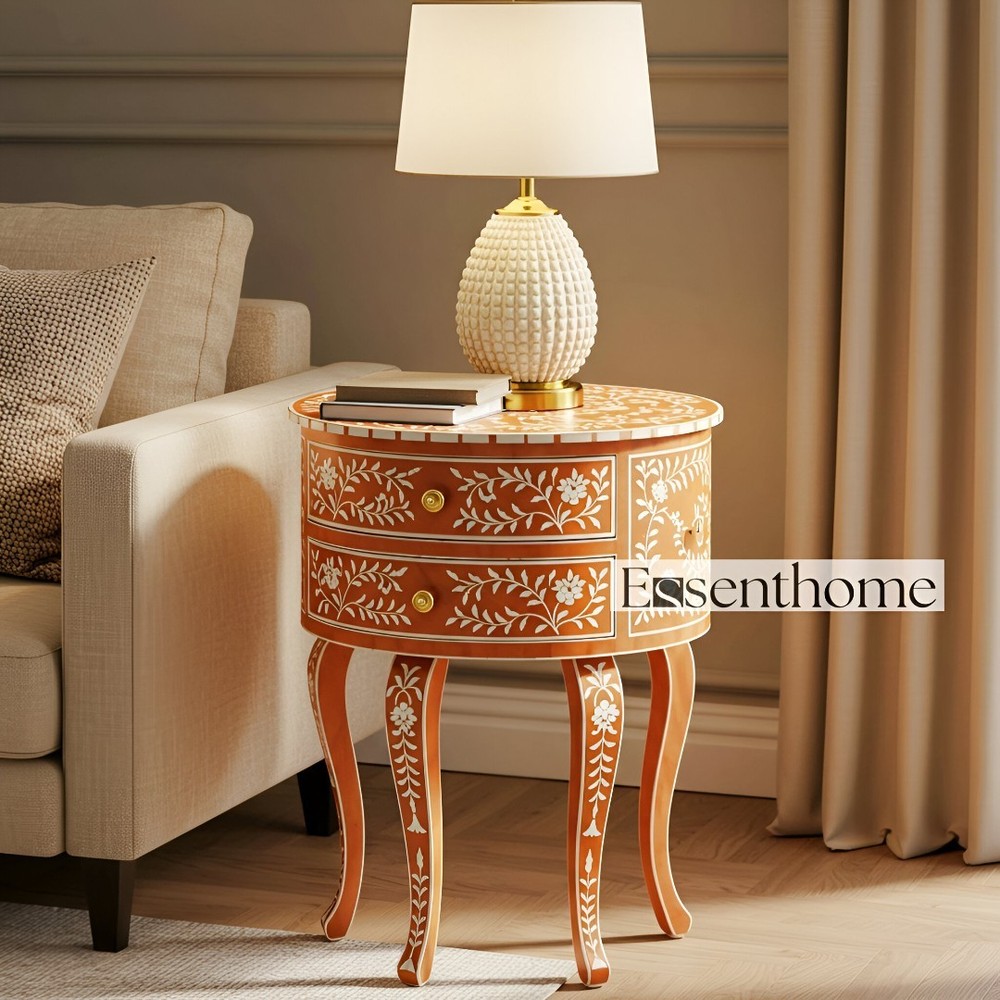 Handmade Orange Floral Bone Inlay Round Side Table with 2 Drawers