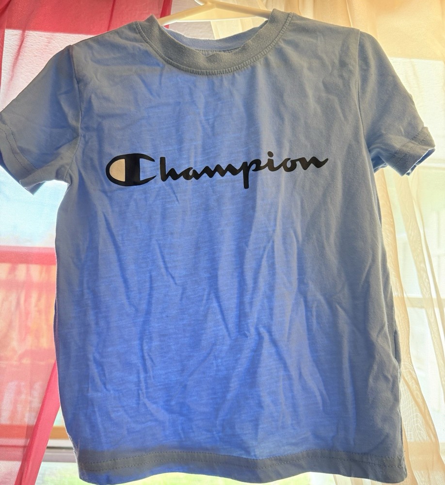Champion Boys Size 5 Blue Logo Short Sleeve Crew Neck Basic T-Shirt Pullover