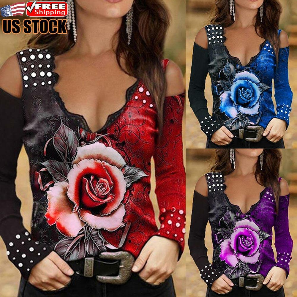 Womens Sexy Cold Shoulder V Neck T Shirt Ladies Printed Slim Fit Tee Blouse Tops