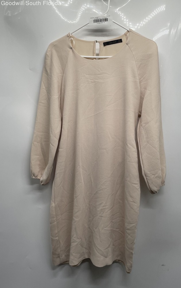 Zara Basic Womens Beige Long Sleeve Round Neck Sheath Dress Size Small