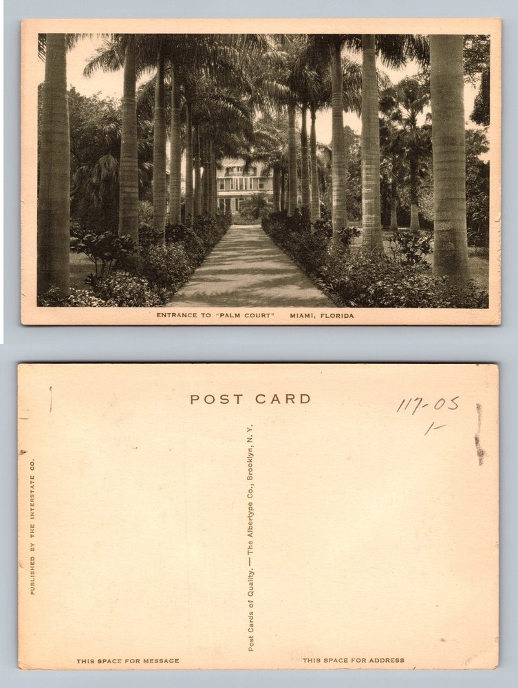 Miami, FL-Florida, Palm Court House Tree Lined Drive Old Vintage Postcard