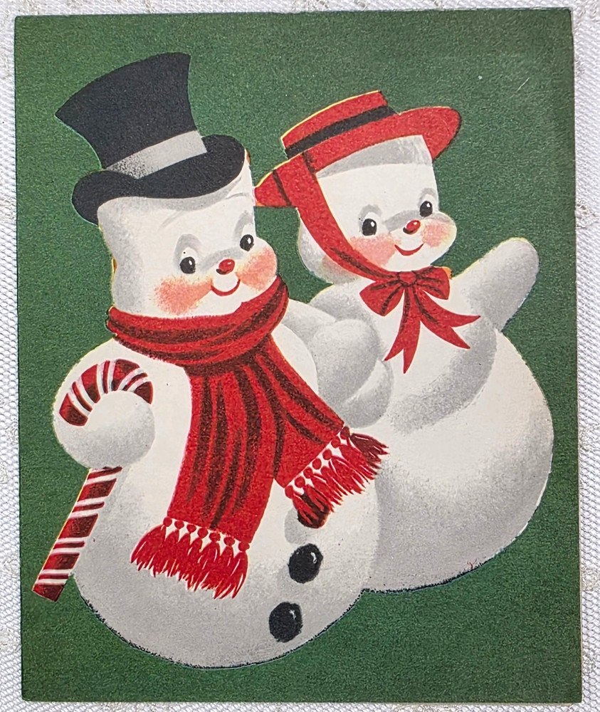 2 Images - Snowman Couple - 1940's Vintage Christmas Greeting Card