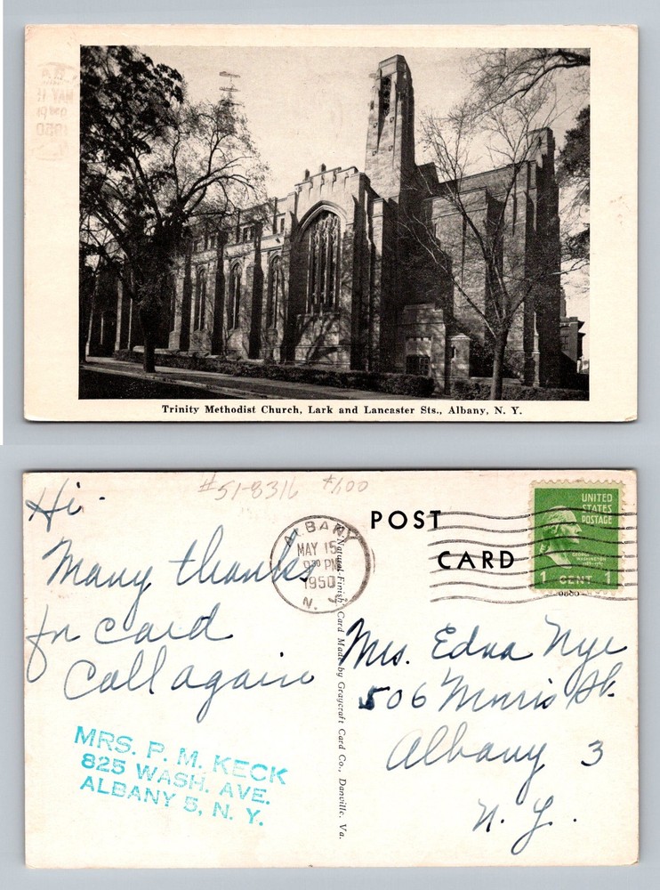 Albany, NY-New York, Trinity Methodist Church Lark Street Vintage c1950 Postcard