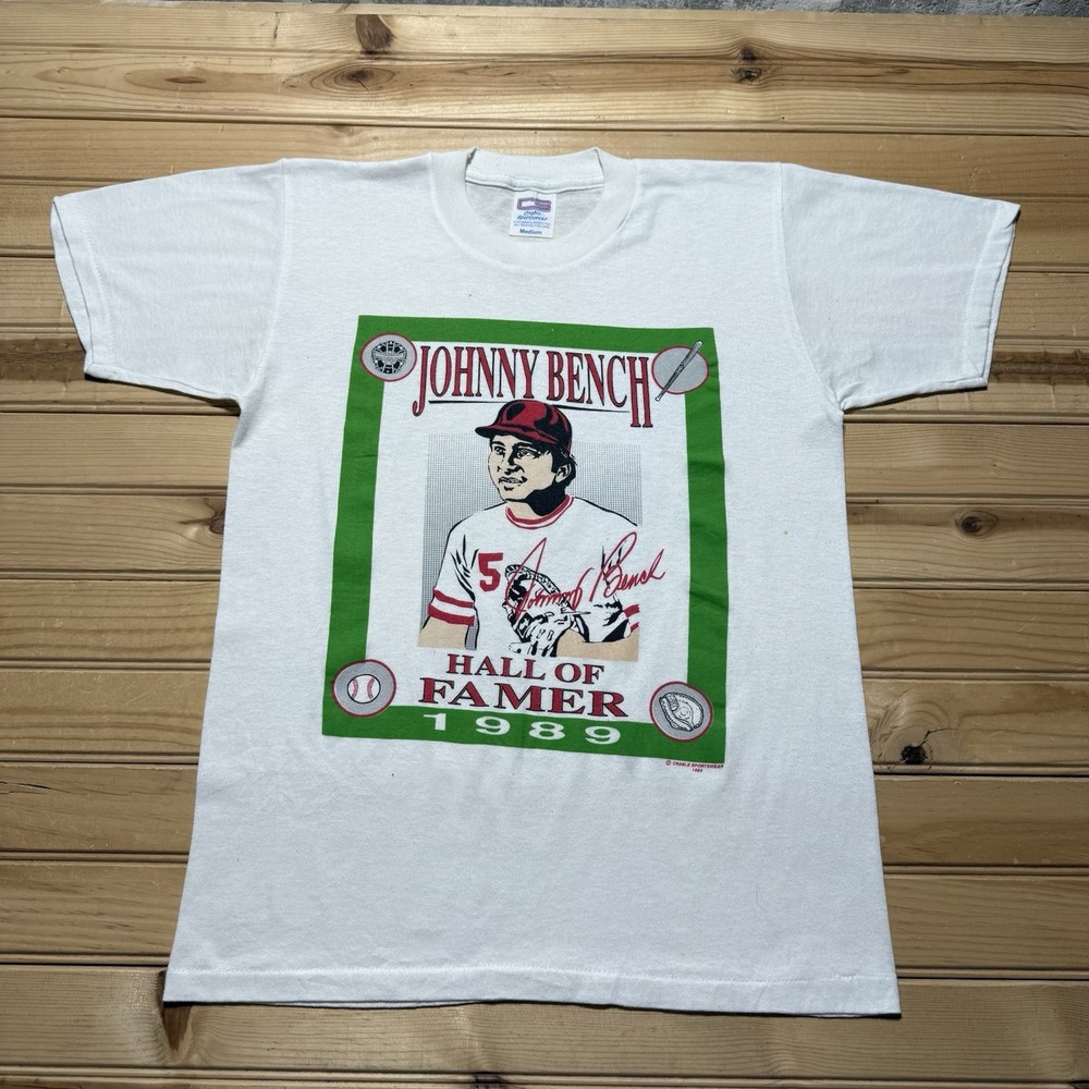 Vintage 80s 1989 Johnny Bench Hall Of Fame Baseball Cincinnati Reds Shirt Medium