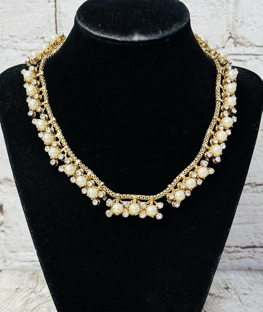 Vintage Leru Rhinestone & Faux Pearl Choker Necklace 16”