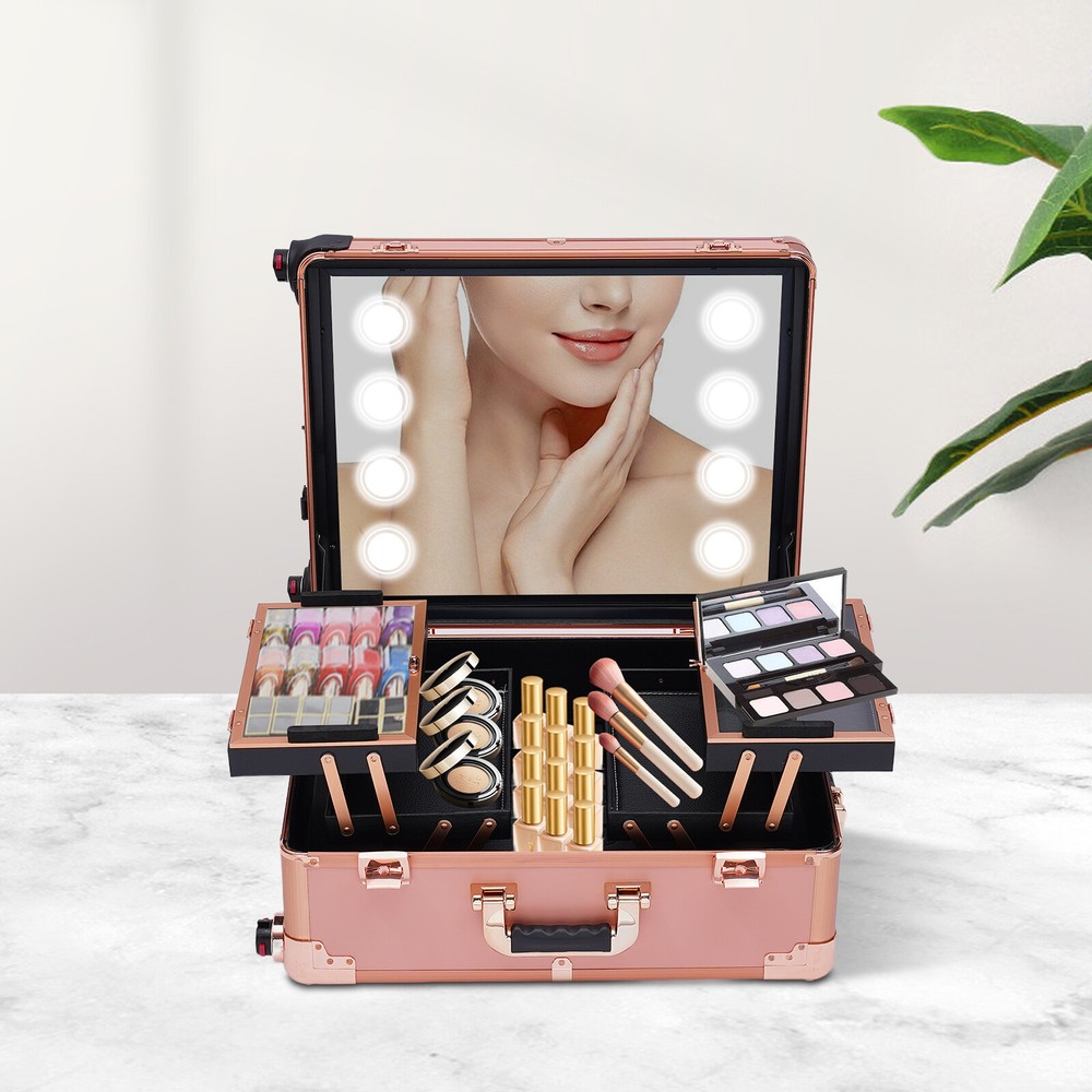 Rolling Makeup Case Aluminum Salon Cosmetic Train Trolley 4 Wheels Organizer Box