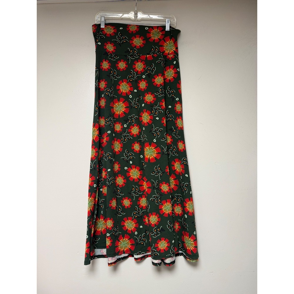 LuLaRoe Maxi Skirt Floral Print Dark Green Red Yellow Bloom Pattern Size M
