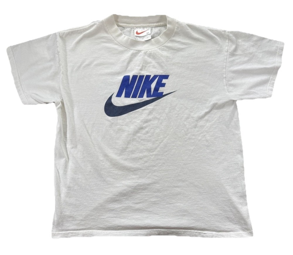 Vintage 90s Nike Swoosh Logo T Shirt Youth XL White Sportswear Hip Hop Spell Out