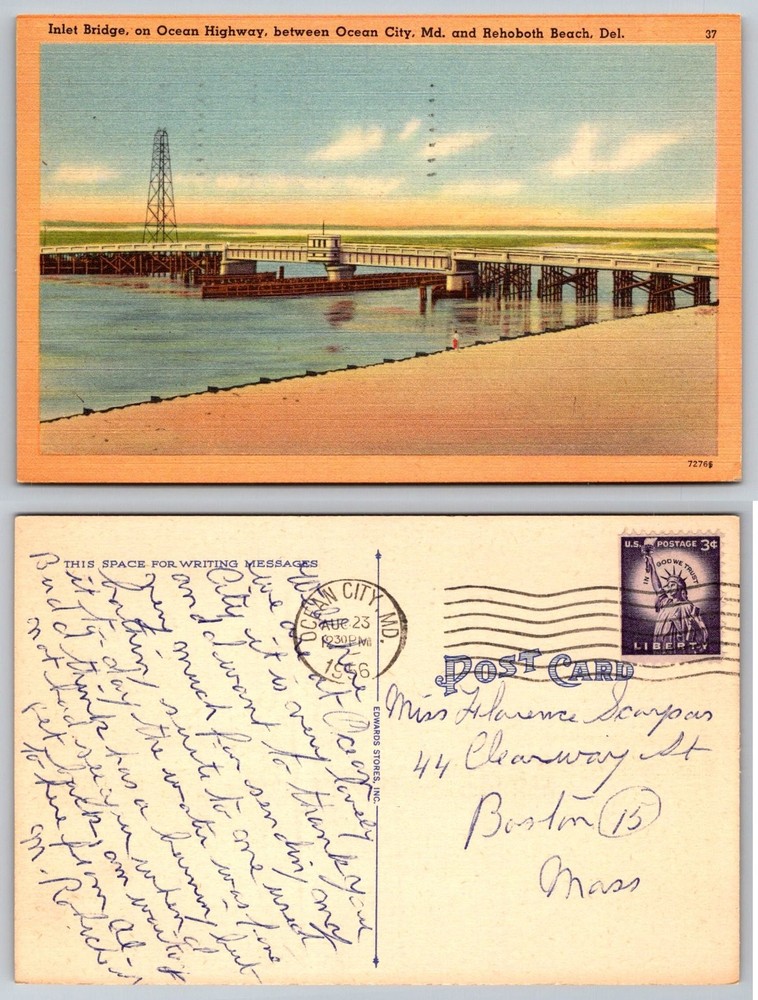 Inlet Bridge Ocean City MD Rehoboth Beach DE Ocean Highway Linen Postcard 1956