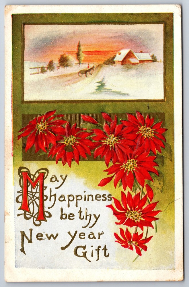 New Year~Country Winter Scene~Red Poinsettias~Gold~Embossed~Vintage Postcard