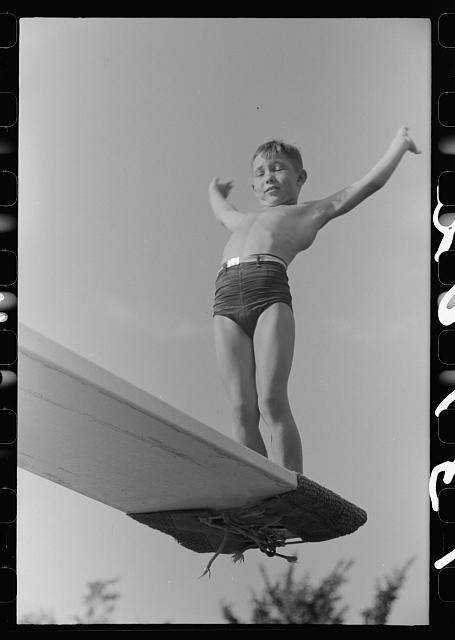Photo:Boy on Diving Board 1930s Swimming Dive Photograph