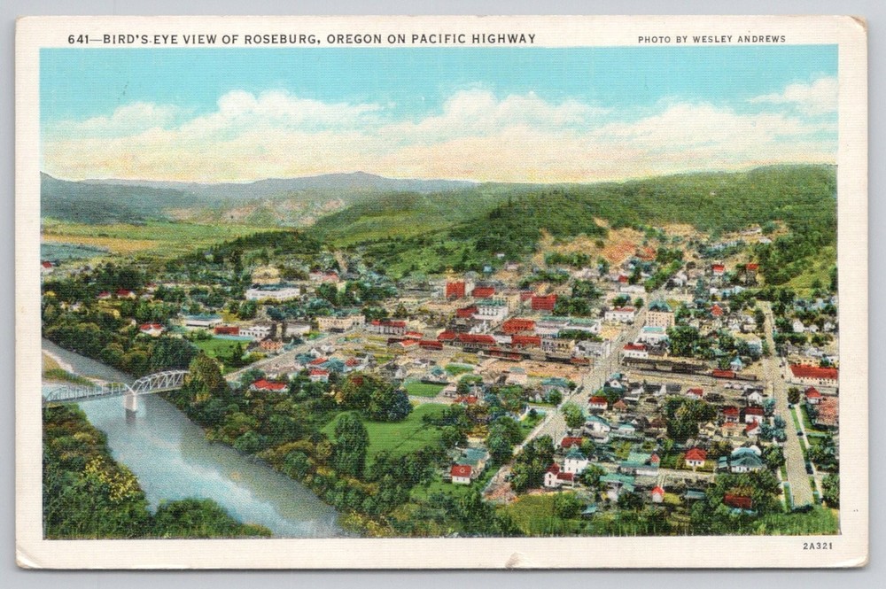 Roseburg Oregon Bird's Eye View Pacific Highway Vintage Linen Postcard