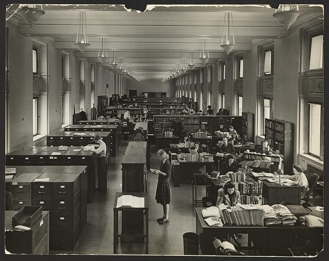Library,Congress employees working,files,books,desks,service,Washington DC,1945