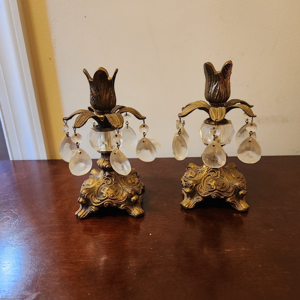 Vintage Hollywood Regency Style Brass Candlestick Holders w/ Crystal Tear Drops