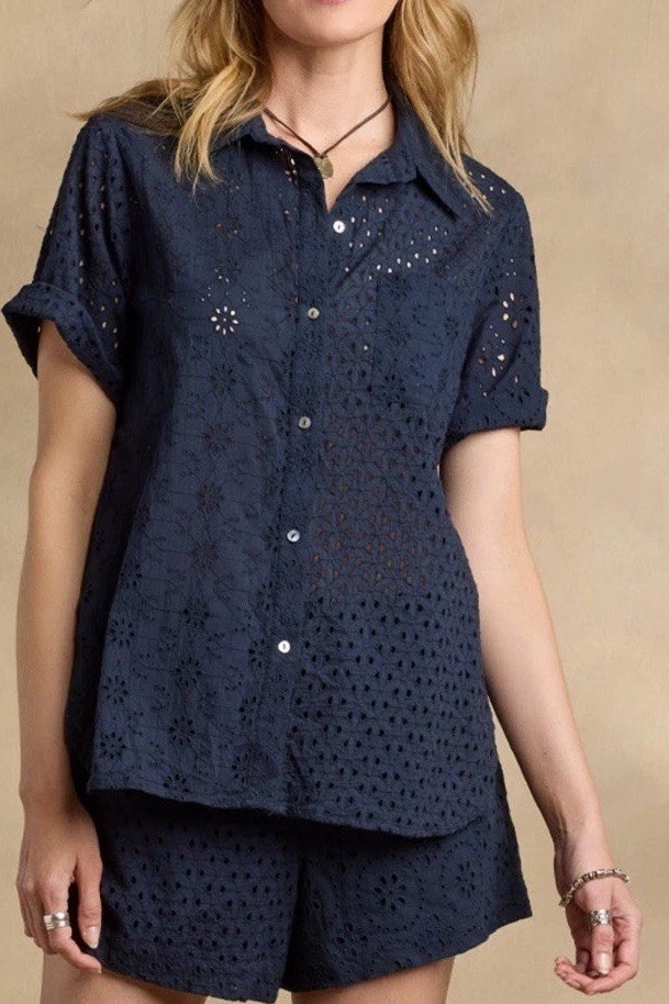 NEW Sundance Catalog Women  Short Sleeve TABITHA NAVY Eyelet Shirt Top Blouse L