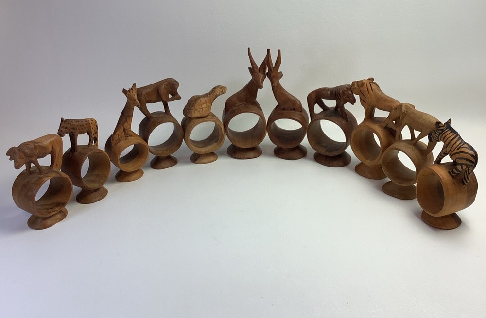 VTG Lot Of 11 Hand Carved Wood Safari Jungle Animal Napkin Rings See Description