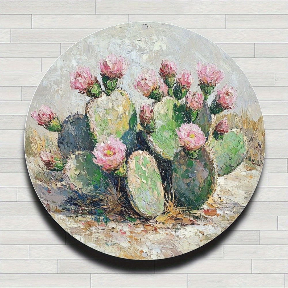 Vintage Cactus Pink Flower Desert Landscape Metal Art