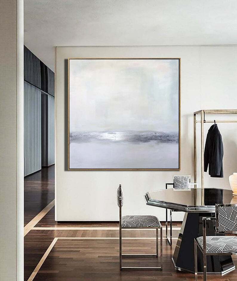 Oil Painting Abstract Large Gray Painting Silver Leaf Painting Beige Handmade