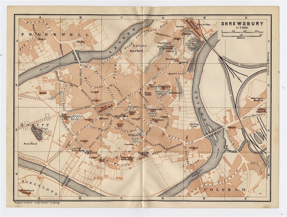 1906 Original Antique City Map Of Shrewsbury / Shropshire West Midlands England