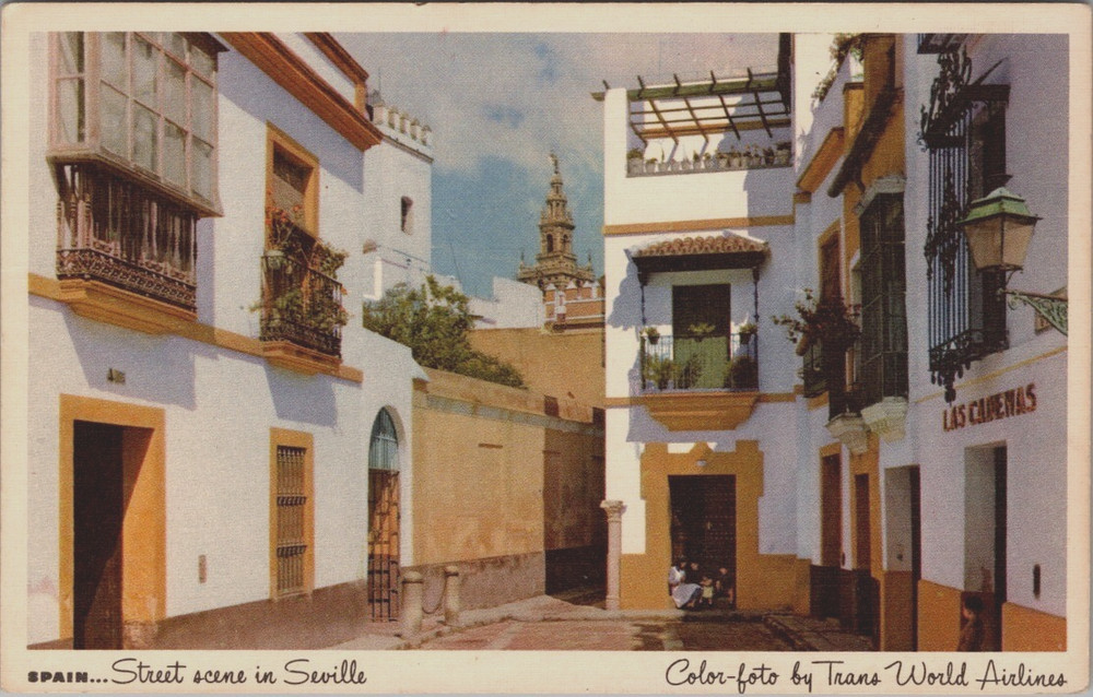 Postcard Street Scene in Seville Spain Trans World Airlines TWA Advertisement