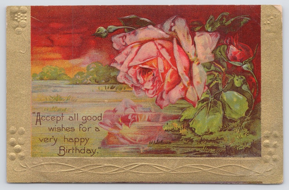 Greetings~Red Rose On Lake All Good Wishes For Birthday~Vintage Postcard