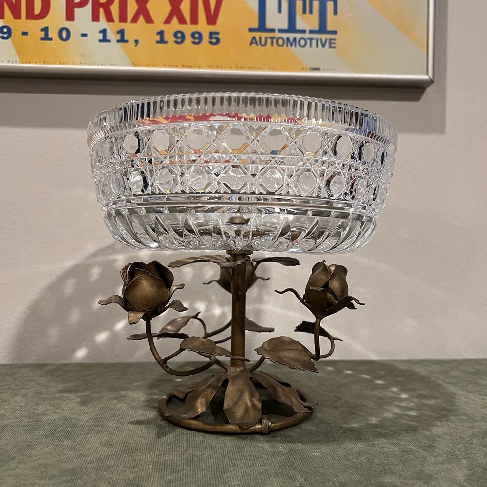 Vintage Gold and Crystal Rose Stemmed Candy Dish Made In Italy 7.5” Tall