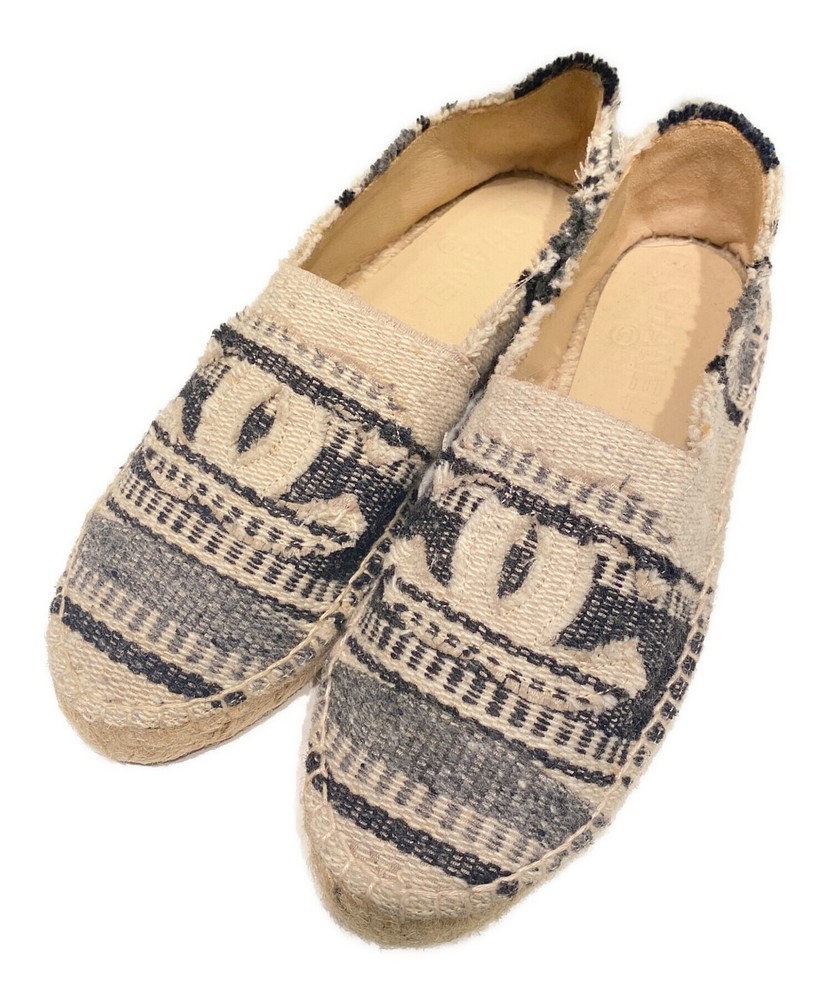 CHANEL beige Coco Mark lambskin linen espadrilles size US 6.5 authentic from Japan