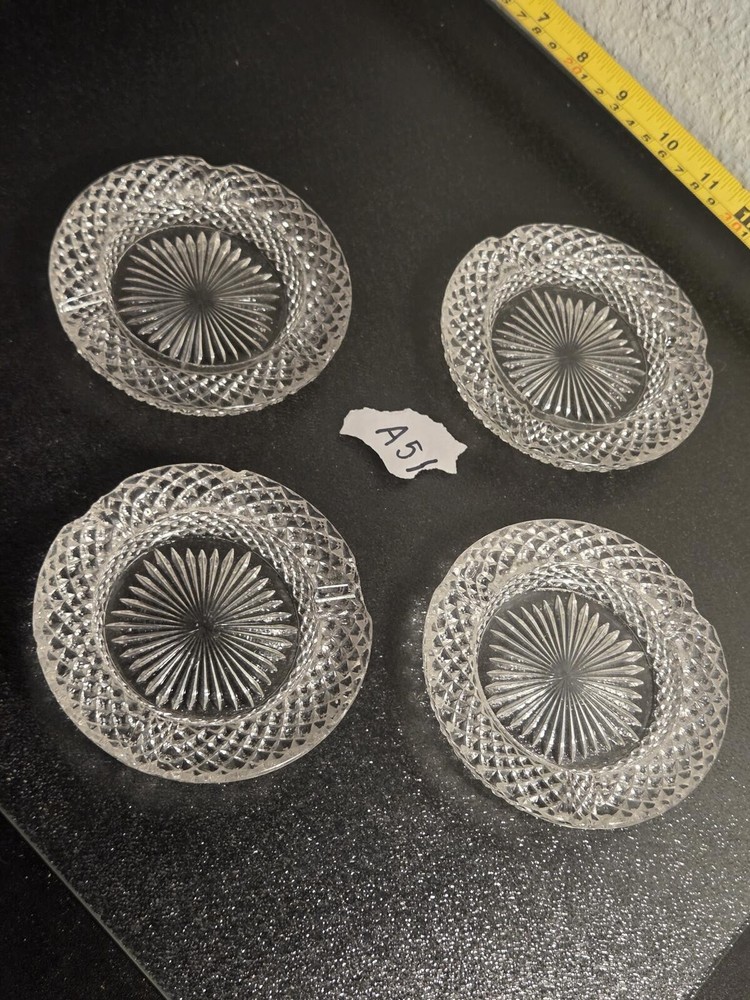 Set of 4 Clear Cut Glass Ashtrays Starburst Design Round Heavy Duty MCM