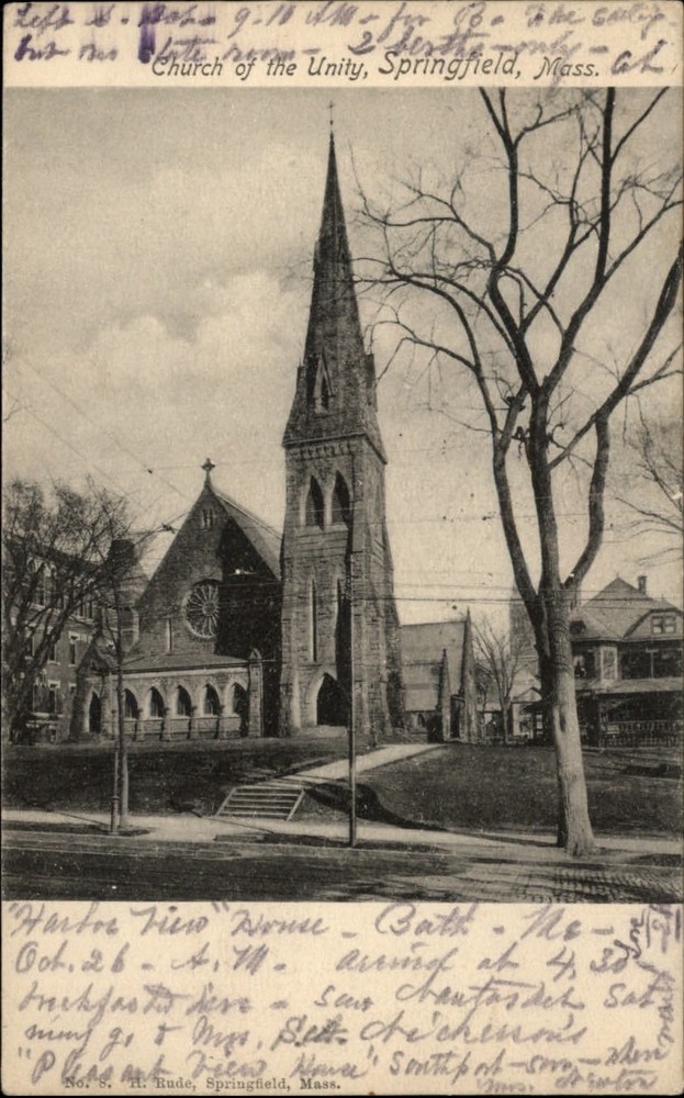 Springfield Massachusetts Church of Unity steeple mailed 1905 UDB postcard
