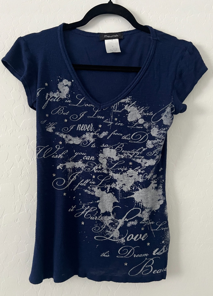 Fleurish Y2K Style Graphic Baby Tee Women’s Large Blue Fairy Grunge Script Top